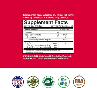 Basic Brands Smart Heart Omega-3 Fish Oil 1000 mg | Heart, Brain & Joint Health, Healthy Triglycerides, Purified Fish Oil, Non-GMO, Gluten-Free, 50 Softgels