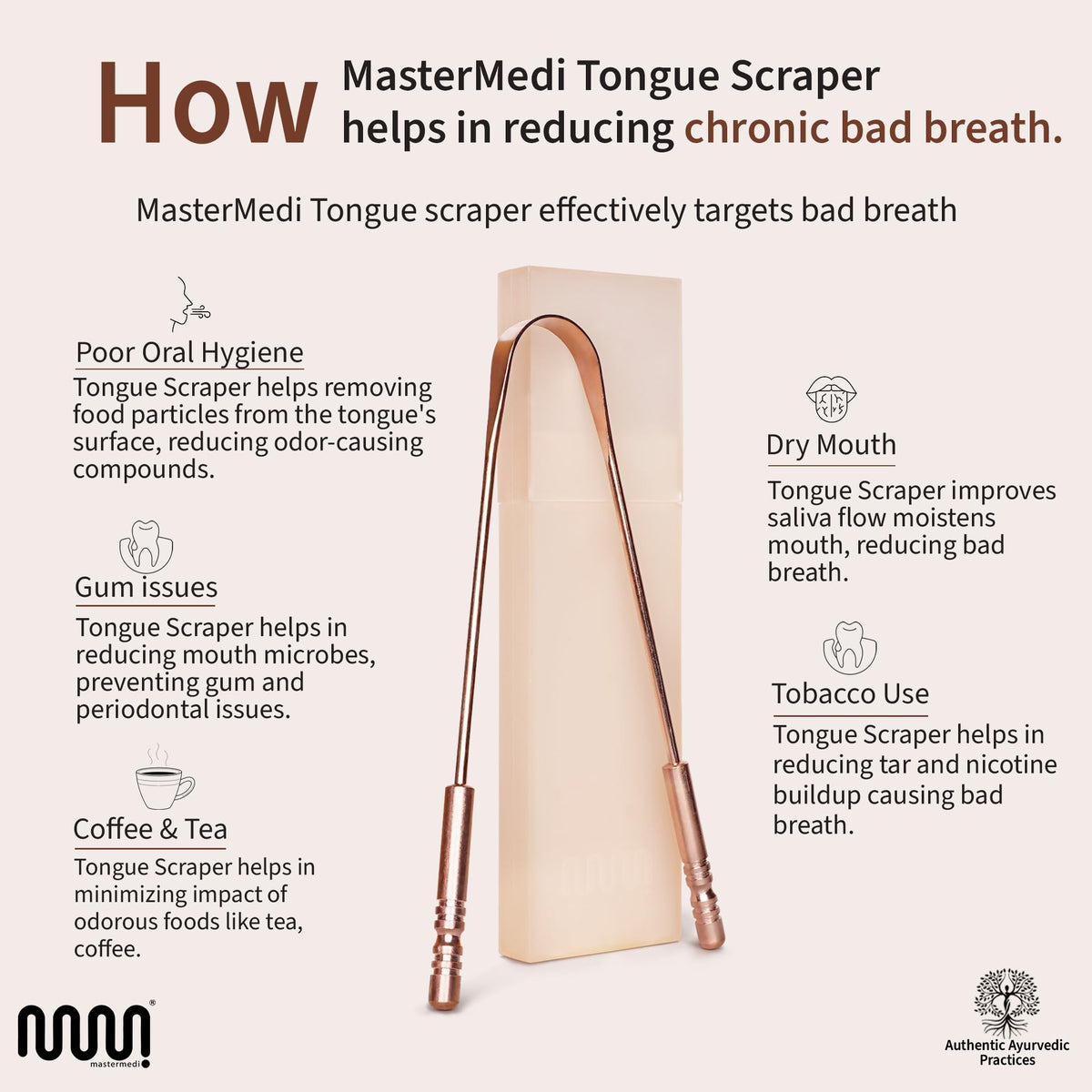MasterMedi Tongue Scraper for Adults, 100% Stainless Steel Tongue Scrubber for Bad Breath, Easy to Use, Tongue Cleaner for Oral Care & Hygiene (SPTC-1|with Case)