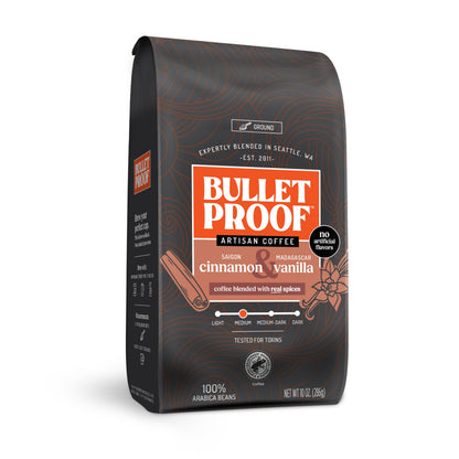 Bulletproof Cinnamon & Vanilla Flavored Ground Coffee, Medium Roast, 10 Oz, Clean Coffee Tested for Toxins, No Artificial Flavors, 100% Arabica Beans