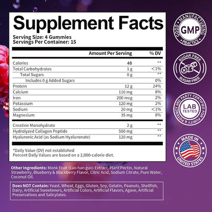 3 in 1 Whey Protein Gummies | Creatine Monohydrate | Collagen, 0 Sugar, Pure Protein Source, Muscle & Energy Support, Berry Flavor, for Women and Men