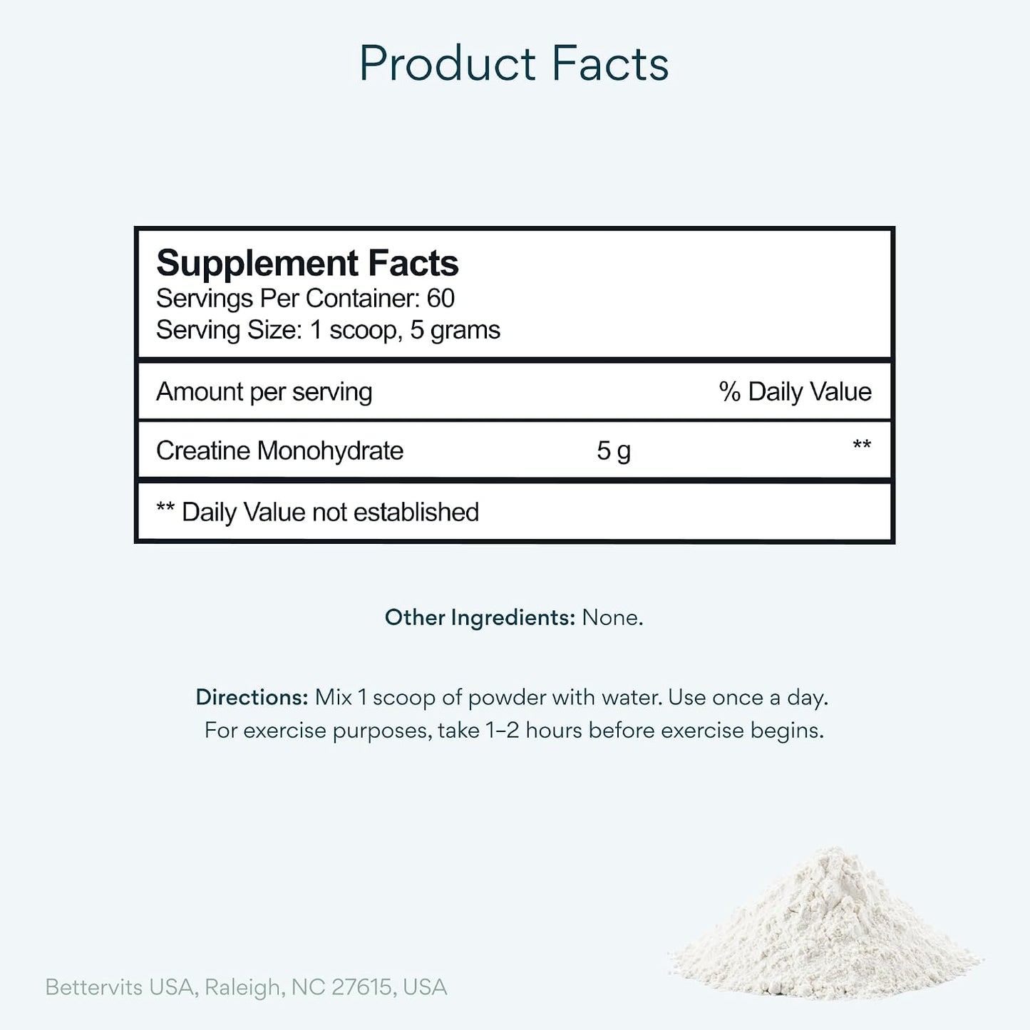 Bettervits Creatine Monohydrate Powder – 100% Pure Micronized Creatine 5g | Unflavoured Creatine Workout Supplement for Muscle Strength, Power & Growth | Vegan Creatine for Women & Men | 60 Servings