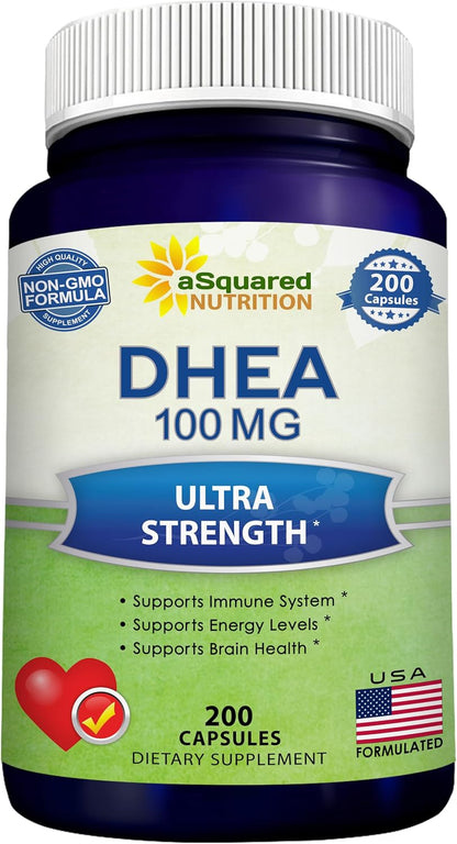 DHEA 100mg Supplement – 200 Capsules – High Potency Dehydroepiandrosterone for Men and Women – Max Strength Pills for Brain Health, Energy, and Immune Function – Formulated in USA, Third-Party Tested