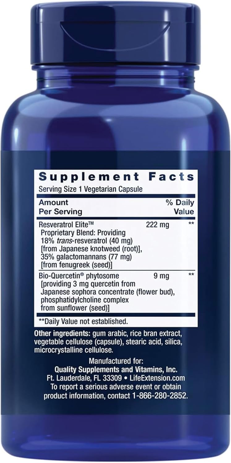 Life Extension Optimized Resveratrol Elite, Trans-resveratrol, quercetin, Healthy Aging, Heart Health, Brain Health, oxidative Stress, Gluten-Free, Non-GMO, Vegetarian, 60 Capsules