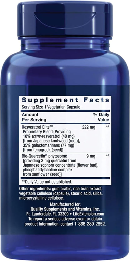 Life Extension Optimized Resveratrol Elite, Trans-resveratrol, quercetin, Healthy Aging, Heart Health, Brain Health, oxidative Stress, Gluten-Free, Non-GMO, Vegetarian, 60 Capsules