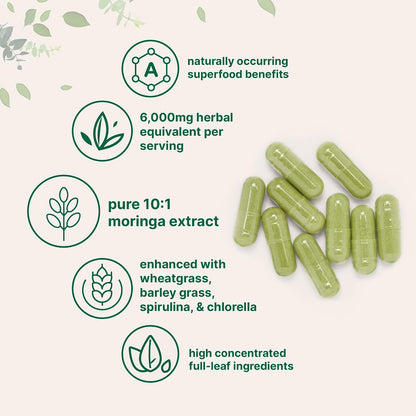 Micro Ingredients Moringa Oleifera | 300 Capsules with Supergreens Blend of Wheatgrass, Barley Grass, Spirulina, & Chlorella | Antioxidant Supplement, Energy, & Immune Support | Non-GMO