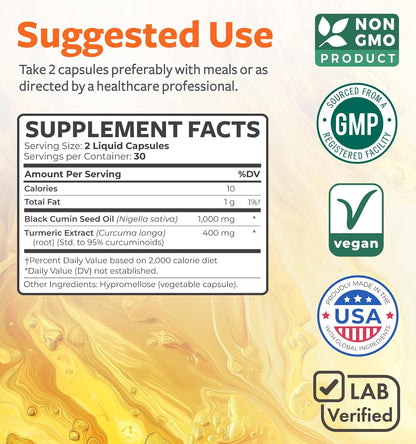 Cold-Pressed Black Seed Oil Capsules - Vegan Non-GMO Nigella Sativa Black Seed Oil Supplement with Turmeric Extract for Comfort Mobility & Immune Support - Curcuminoid & Thymoquinone-Rich (1 Month)