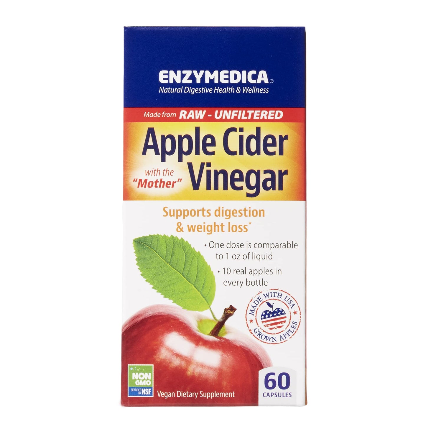 Enzymedica Apple Cider Vinegar Supplement for Men & Women - Apple Cider Vinegar Capsules with Mother, Raw & Unfiltered, Gut Health & Digestive Support, Gluten Free ACV, Vegan, Non-GMO - 120 Count