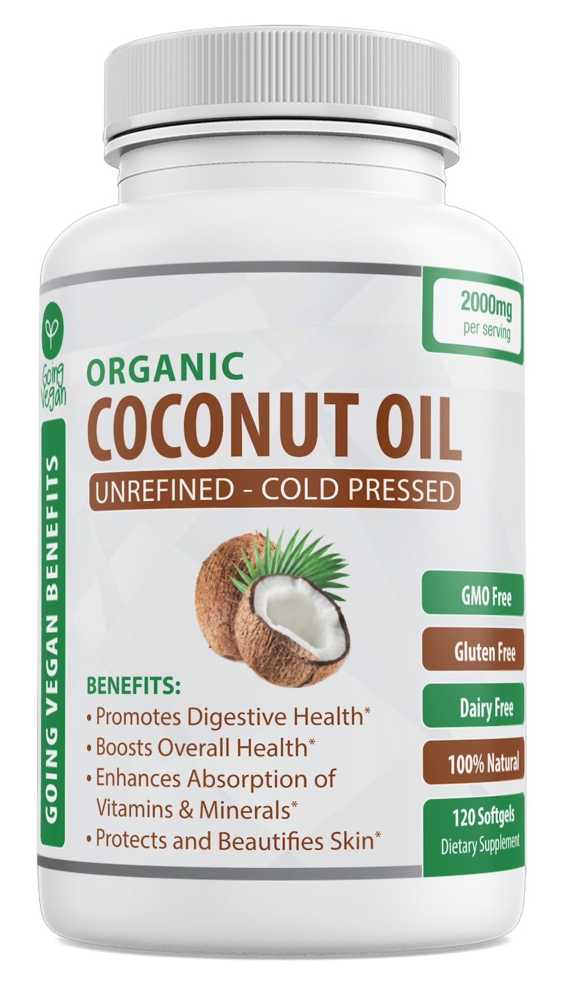 Organic Coconut Oil Capsules 2000mg - 100% Extra Virgin, Cold Pressed for Healthy Skin