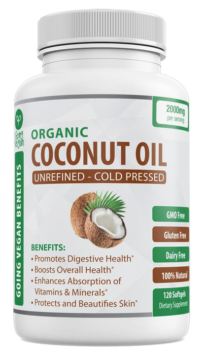 Organic Coconut Oil Capsules 2000mg - 100% Extra Virgin, Cold Pressed for Healthy Skin