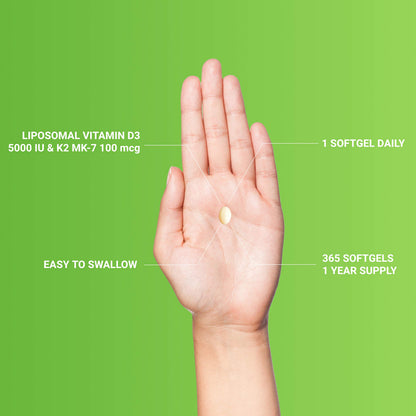UpNourish Liposomal D3 K2 MK-7 – 365 Mini softgels with Organic Coconut Oil - 5000 IU 125 mcg Vitamin D3 and 100 mcg Vitamin k2 for Optimal Bone and Immune Health