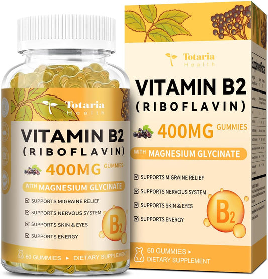 Totaria Vitamin B2 Gummies, Sugar Free Riboflavin 400mg Supplement for Adults & Kids with Magnesium Glycinate 400mg, COQ10 & Elderberry, Skin & Nervous System Support, Non-GMO, 60 Gummies