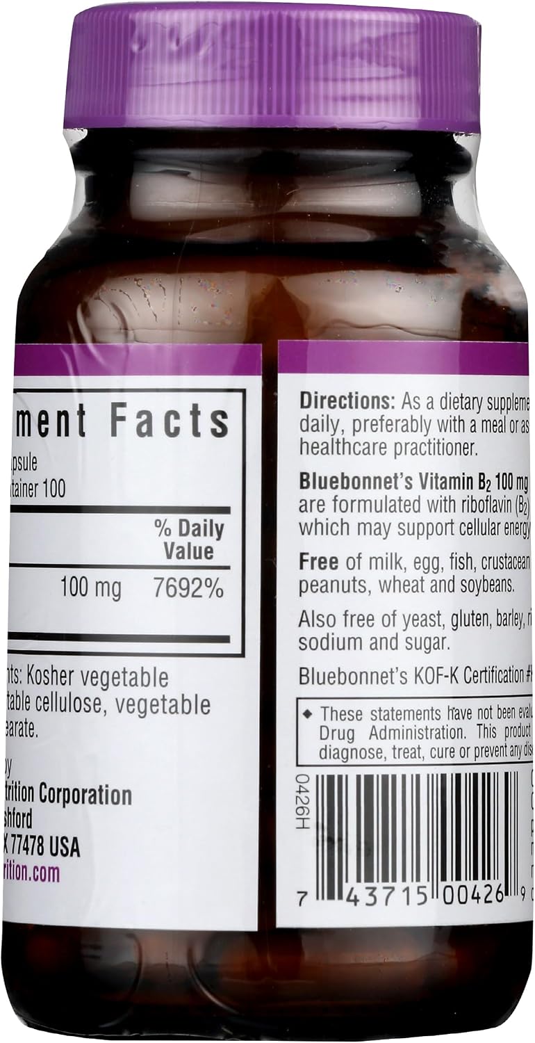 Bluebonnet Nutrition Vitamin B2 100 mg, For Cardiovascular and Nervous System Health, Soy-Free, Gluten-Free, Kosher Certified, Dairy-Free, Vegan, Non-GMO, 100 Vegetable Capsules, 100 Servings