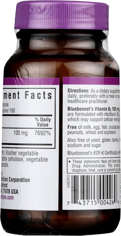 Bluebonnet Nutrition Vitamin B2 100 mg, For Cardiovascular and Nervous System Health, Soy-Free, Gluten-Free, Kosher Certified, Dairy-Free, Vegan, Non-GMO, 100 Vegetable Capsules, 100 Servings