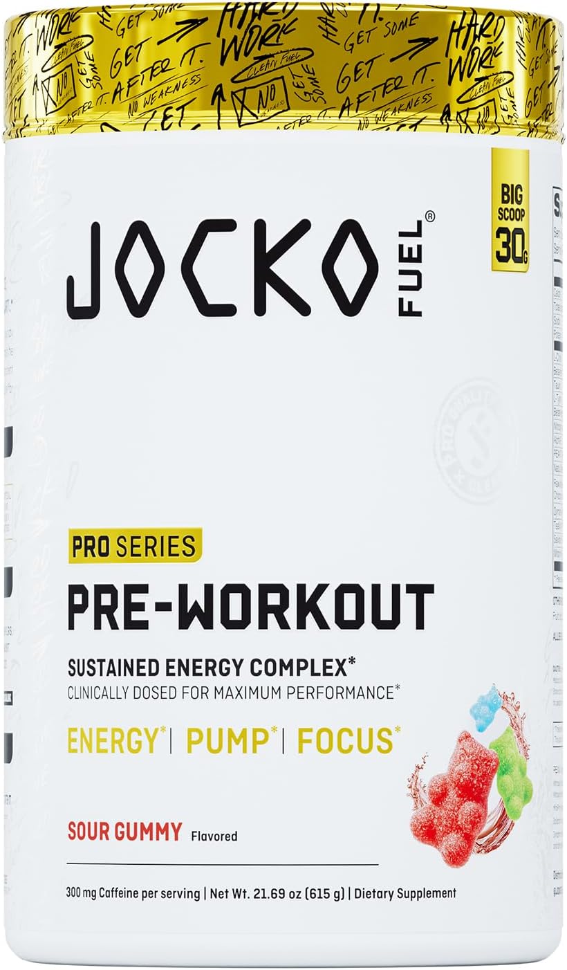 Jocko Fuel Preworkout Pro Series, Sour Gummy, Elite Performance Energy, Focus, Pump Formula, 300mg Natural Caffeine, L-Citrulline, Alpha GPC, L-Tyrosine, Peak ATP, High Intensity Training, 20 Servings