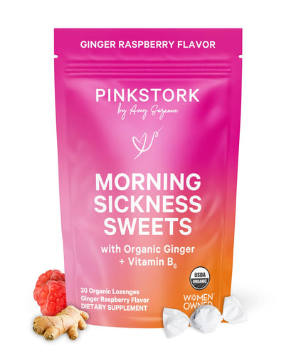 Pink Stork Morning Sickness Sweets Organic Raspberry Ginger, 30 Count | USDA Organic Ginger + Vitamin B6, Motion Sickness Support, Digestive Comfort + Heartburn Support, 30 Wrapped Drops