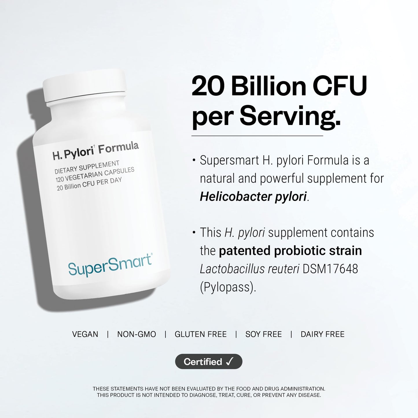 Supersmart H. Pylori Formula 20 Billion CFU per Day - Natural Probiotic Lactobacillus Reuteri DSM 17648 Supplement | Non-GMO & Gluten Free - 60 Vegetarian Capsules