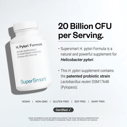 Supersmart H. Pylori Formula 20 Billion CFU per Day - Natural Probiotic Lactobacillus Reuteri DSM 17648 Supplement | Non-GMO & Gluten Free - 60 Vegetarian Capsules