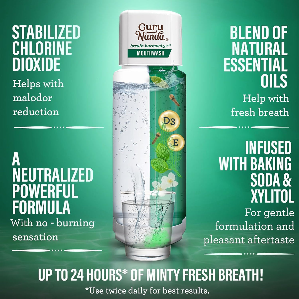 GuruNanda Dual Barrel Fresh Breath Mouthwash with Xylitol, Mint, 3x20 oz
