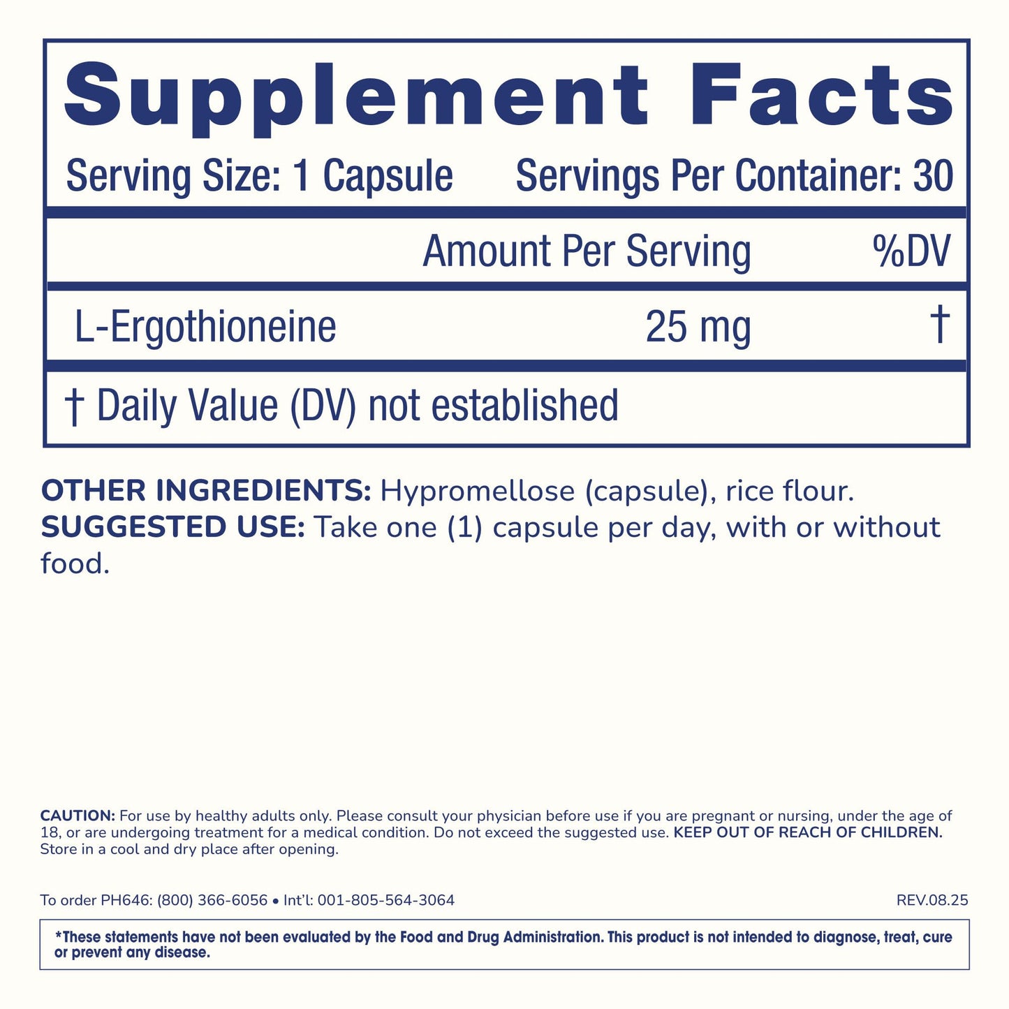 ProHealth Ergothioneine 5X Strength. 25mg Clinical Research Dose. Natural Amino Acid Mushroom Supplement for Improved Cognition, Heart Health. Essential Longevity Vitamin. 25 mg/Serving, 30 Servings