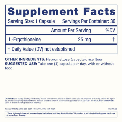 ProHealth Ergothioneine 5X Strength. 25mg Clinical Research Dose. Natural Amino Acid Mushroom Supplement for Improved Cognition, Heart Health. Essential Longevity Vitamin. 25 mg/Serving, 30 Servings