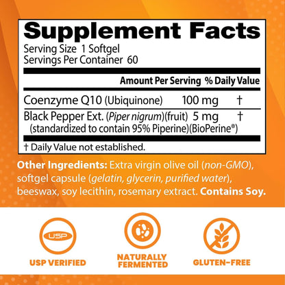 Doctor's Best High Absorption CoQ10 with BioPerine Supplement - Coenzyme Q10 Softgels for Heart Health & Antioxidant Support, Naturally Fermented CoQ10 100mg for Women & Men, Non GMO - 120 Softgels