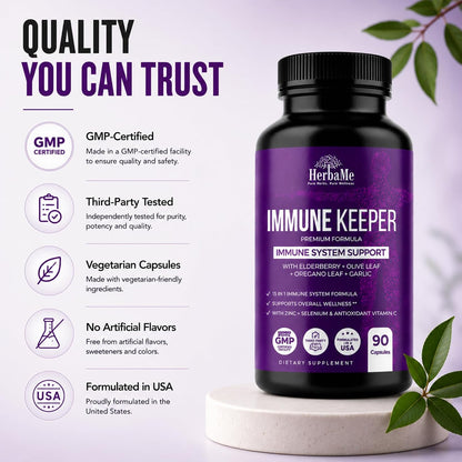 HerbaMe Immune Support Supplement, 15 in 1 Daily Wellness Formula with Elderberry, Quercetin, Zinc, Vitamin C & Selenium, Olive Leaf & Garlic for Men & Women, 90 Capsules