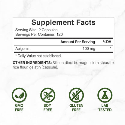 Apigenin, 100mg Per Serving, 240 Capsules – Raw Plant Extract from Chamomile Flower – Active Bioflavonoids & Antioxidants – Sleep & Relaxation Supplement – Non-GMO