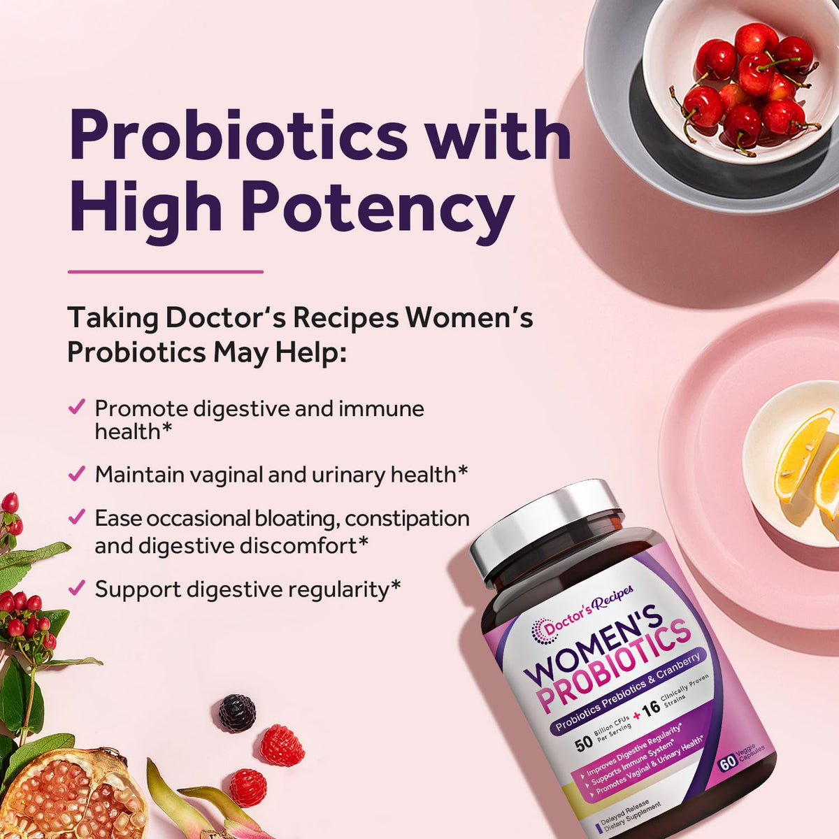 Doctor's Recipes Women's Probiotics, 50 Billion CFU 16 Strains, with Organic Prebiotics