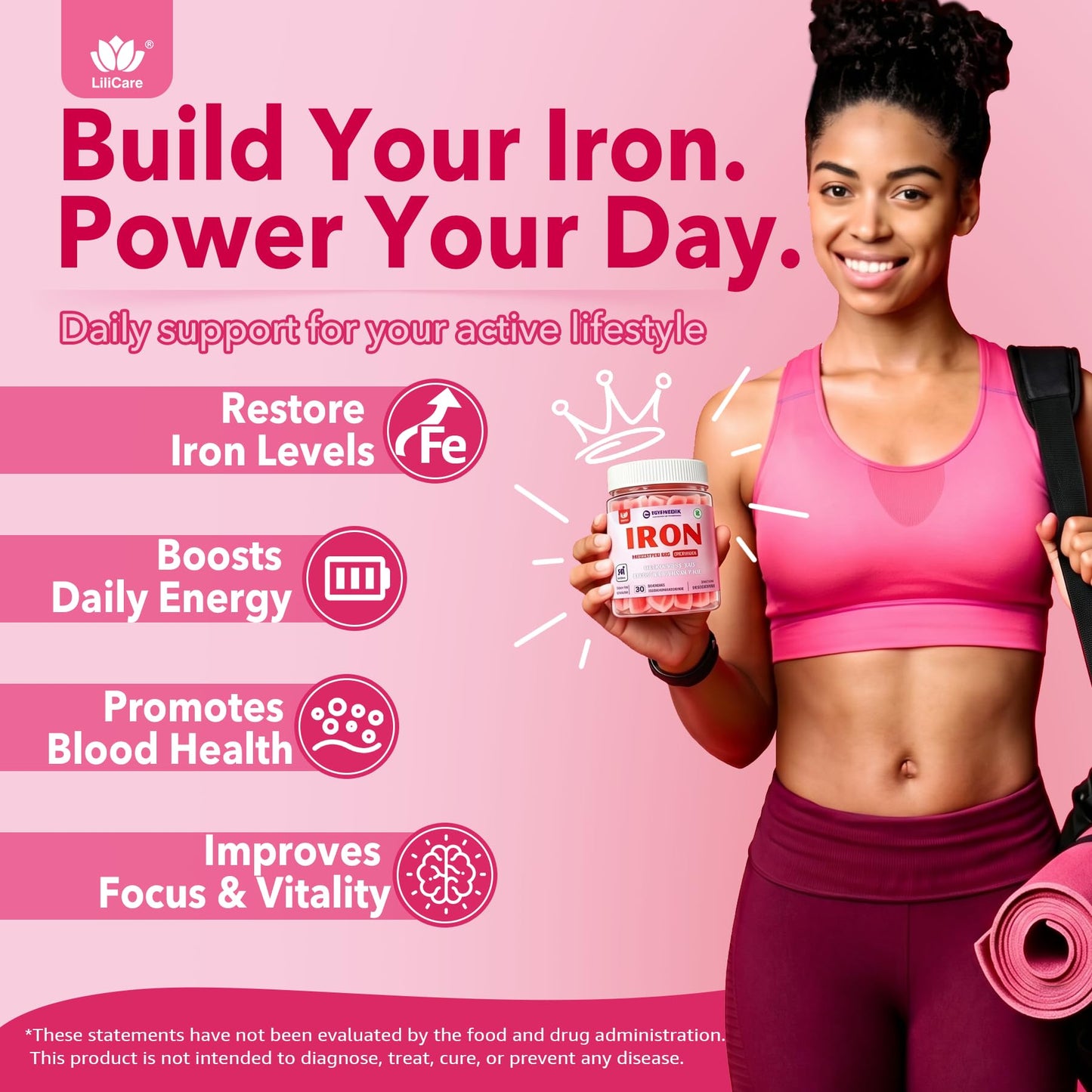 Iron Gummies for Women 25mg Plus Vitamin C, Beet Root, Vitamin B12, Folate for Iron Deficiency, Anemia, Energy Boost, Sugar Free Iron Supplement, Non-Constipating, No After Taste, 60 Cts