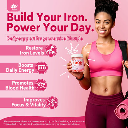 Iron Gummies for Women 25mg Plus Vitamin C, Beet Root, Vitamin B12, Folate for Iron Deficiency, Anemia, Energy Boost, Sugar Free Iron Supplement, Non-Constipating, No After Taste, 60 Cts