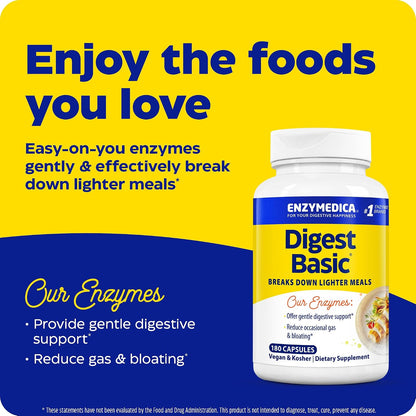 Enzymedica Digest Basic - Helps Gas & Bloating - 180 Caps