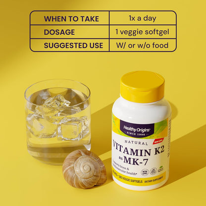 Healthy Origins Vitamin K2 100 mcg (MK-7, Non-GMO, Gluten Free, Cardiovascaular Support, Bone Support), 180 Veggie Gels