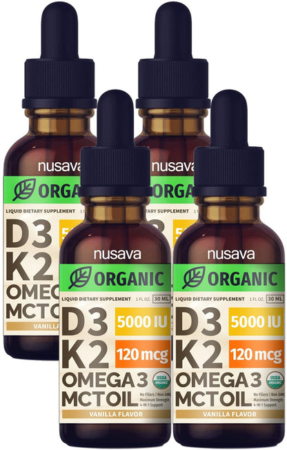 (2 Pack) Organic Vitamin D3 K2 Drops with MCT Oil & Omega 3 - Liquid Vitamin D3 5000 IU - K2 D3 Vitamin Supplement - Vitamin D Drops for Women & Men - No Fillers, Non-GMO, GMP, Unflavored (2 Fl Oz)
