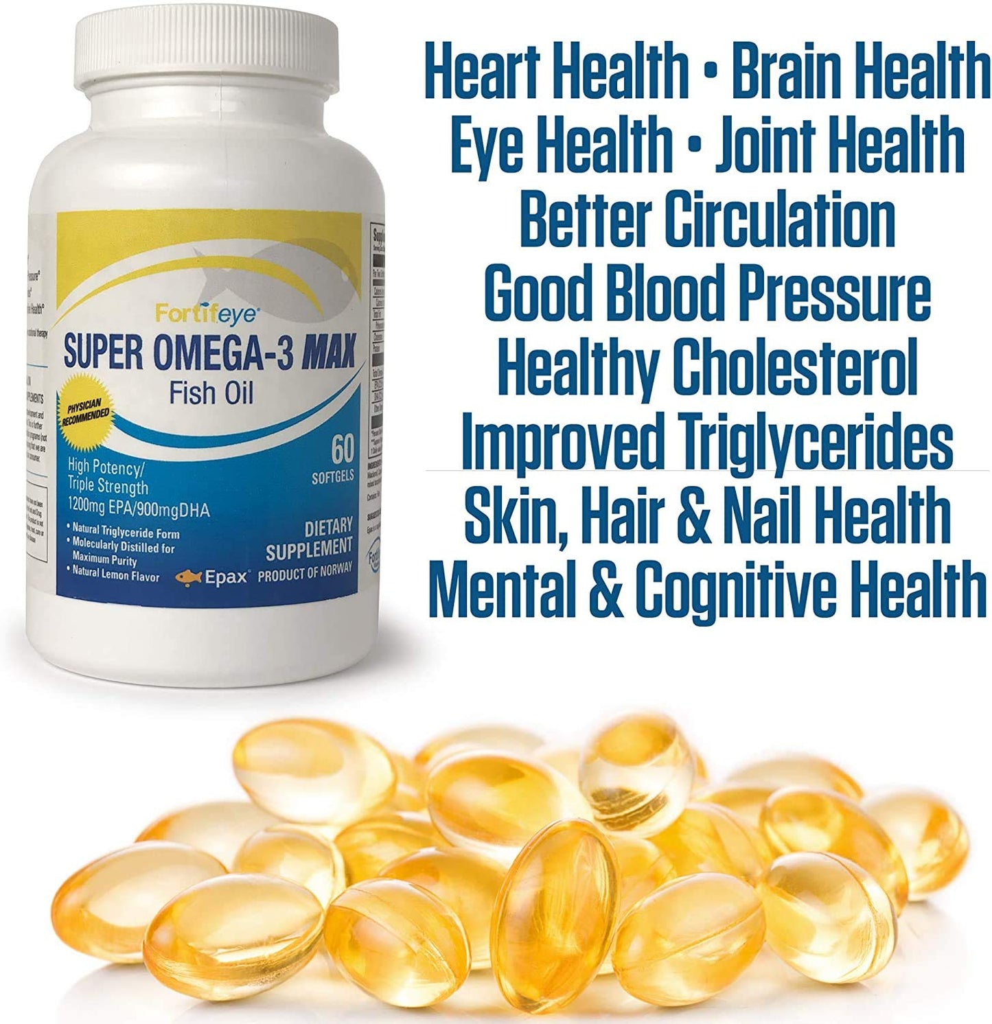 Fortifeye Super Omega-3 Max Fish Oil - 60 Count - Quadruple Strength Ultra-Pure rTG Omega-3-2400mg EPA + DHA in 2 Softgels - Expertly Concentrated & Purified in Norway from Wild Fish - Lemon Flavor