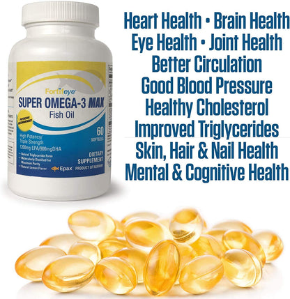 Fortifeye Super Omega-3 Max Fish Oil - 60 Count - Quadruple Strength Ultra-Pure rTG Omega-3-2400mg EPA + DHA in 2 Softgels - Expertly Concentrated & Purified in Norway from Wild Fish - Lemon Flavor