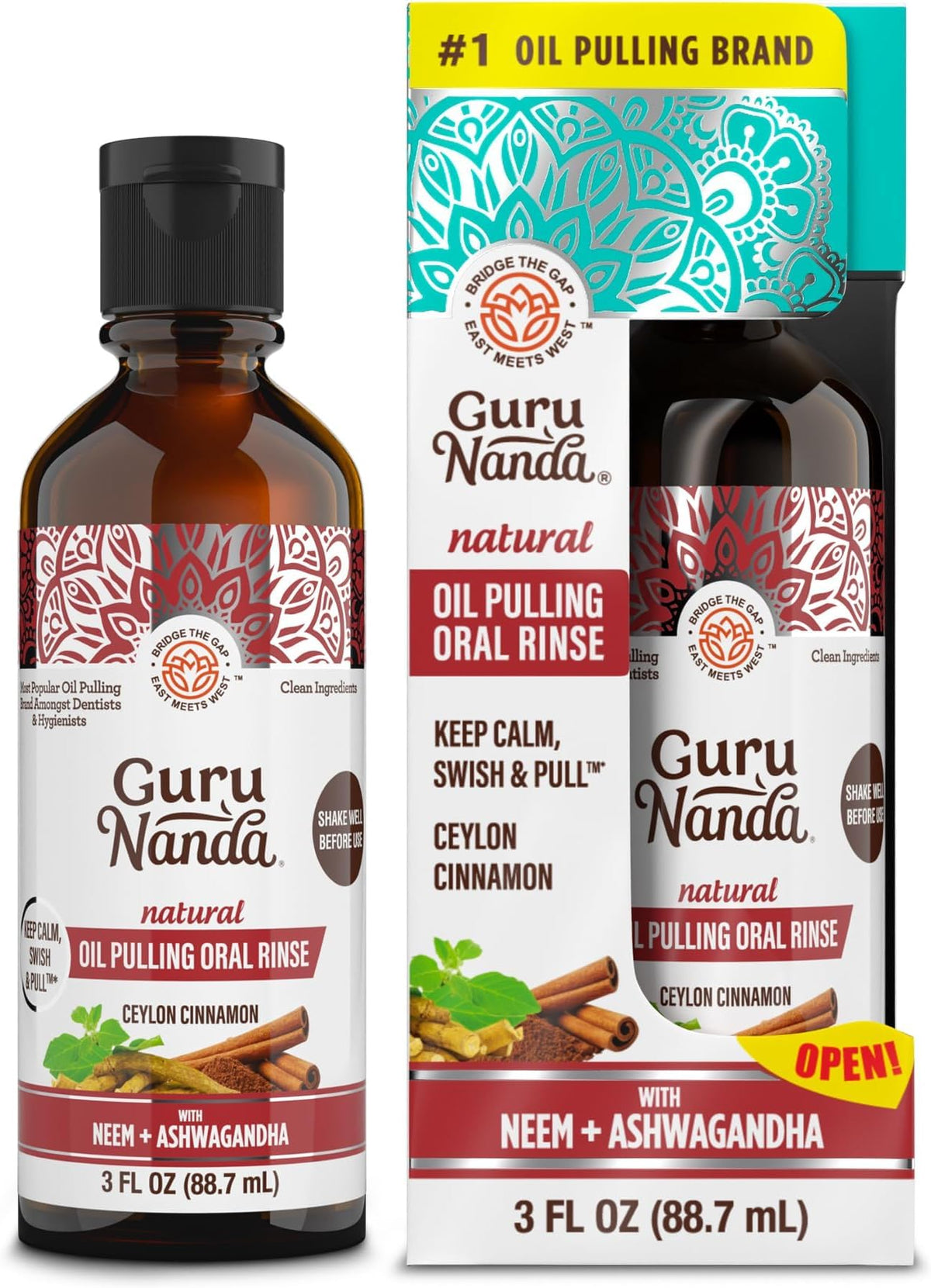 GuruNanda Cinnamon Oil Pulling Mouthwash with Neem & Ashwagandha, 16oz