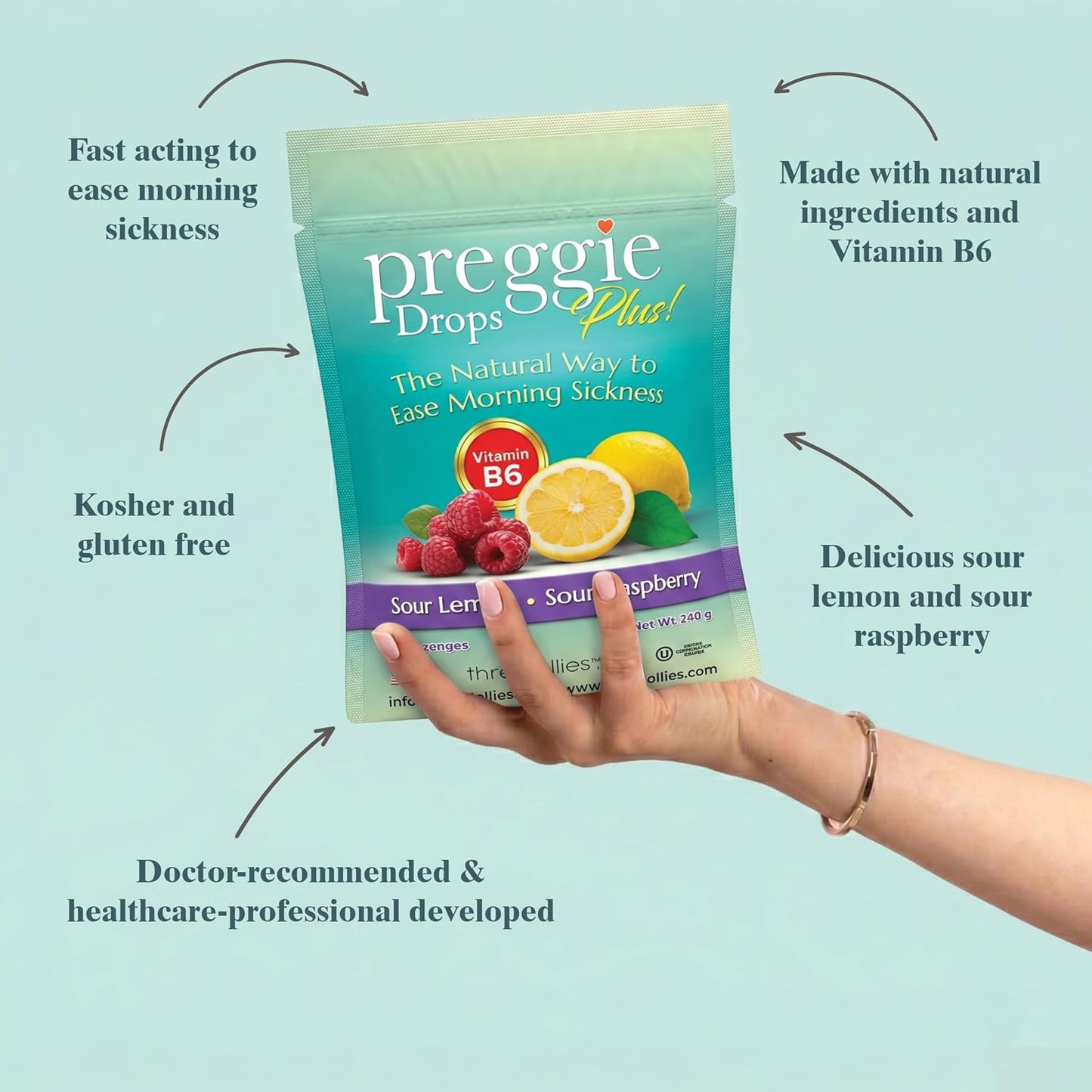 Three Lollies Preggie Drops Plus - 48 Lozenges - Ease Morning Sickness During Pregnancy, Natural, Sour Lozenges for Nausea With Vitamin B6, Sour Lemon & Raspberry Flavors
