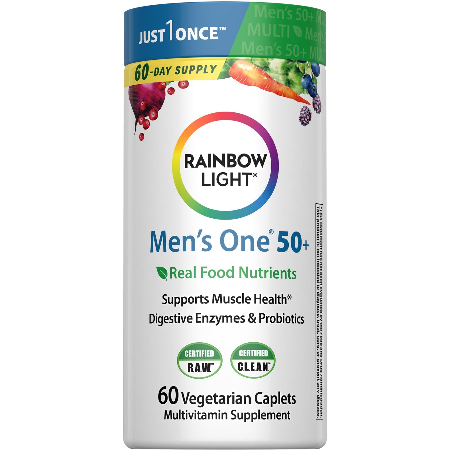 Rainbow Light Mens Multivitamin One + for 50 Plus | 150 Caplets | Supports Muscle Health | with Vitamins C, D, and Zinc | Real Food Nutrients, Digestive Enzymes & Probiotics