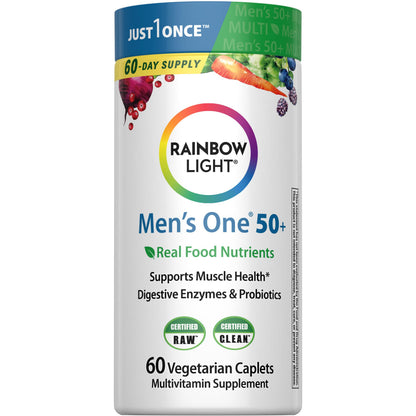Rainbow Light Mens Multivitamin One + for 50 Plus | 150 Caplets | Supports Muscle Health | with Vitamins C, D, and Zinc | Real Food Nutrients, Digestive Enzymes & Probiotics