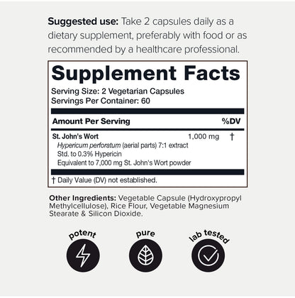 1,000mg Ultra High Strength St. John's Wort Capsules (Non-GMO) - 7X Concentrated