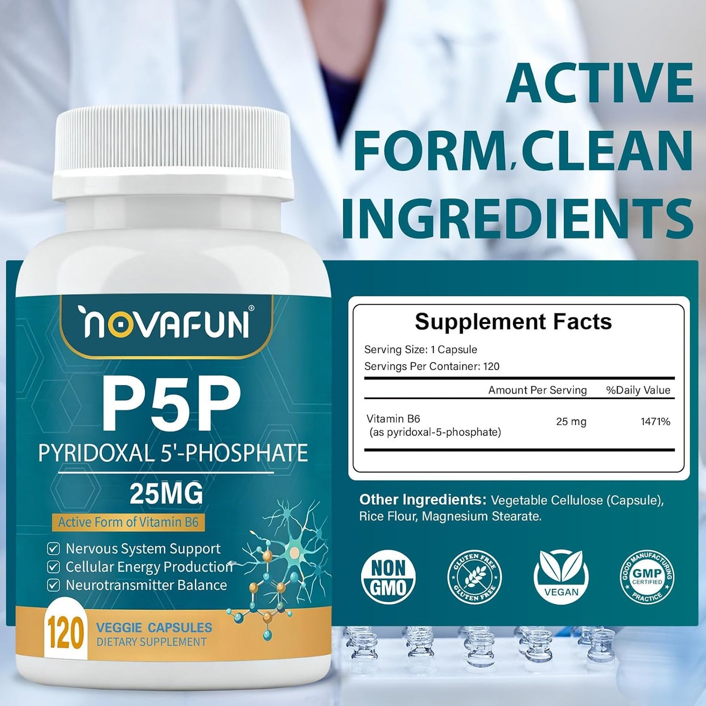 P5P 25mg - Active Vitamin B6, High Potency Pyridoxal-5-Phosphate Coenzyme Supplement, Supports Nervous System, Neurotransmitter Balance & Cellular Energy, 120 Veggie Capsules