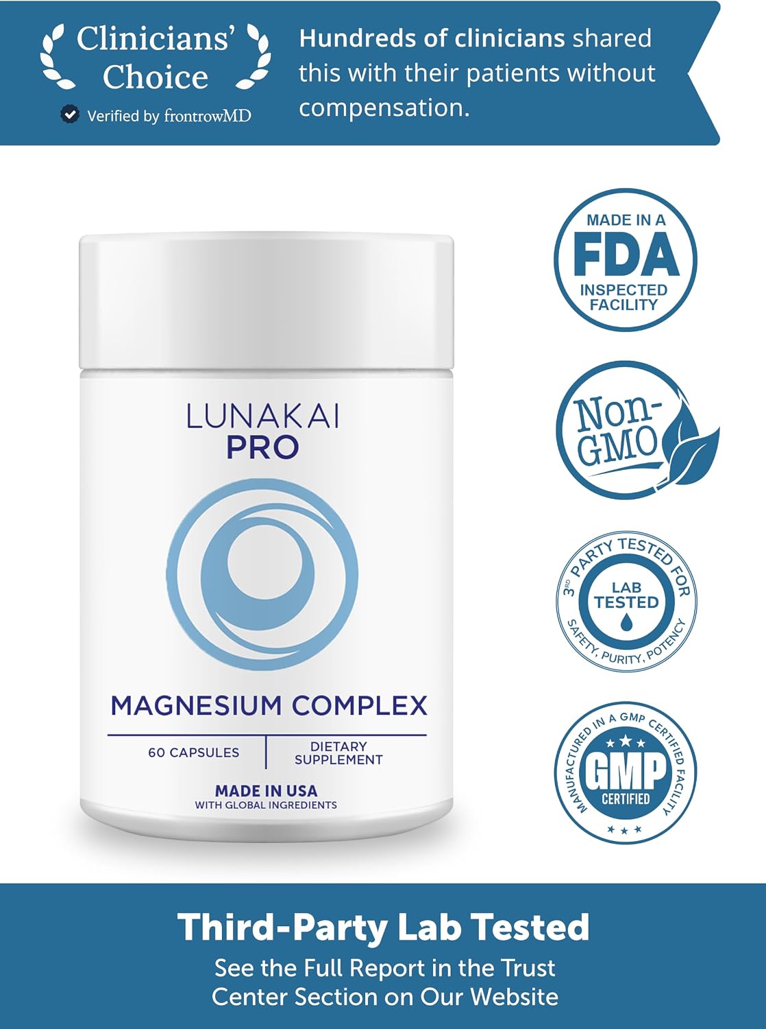 Lunakai USA Made 7-in-1 Magnesium Complex for Women & Men - 405mg Blend with B6 P-5-P for Daily Muscle, Sleep, Stress & Energy Support, Non-GMO Supplement, 60 Capsules