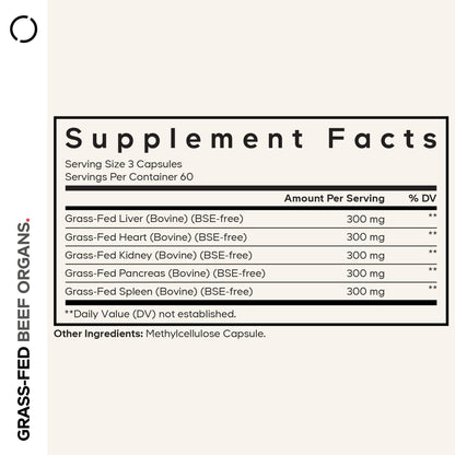 Codeage Beef Organs, Liver, Heart, Kidney, Grass-Fed, Freeze Dried, 180 ct | Grass-fed, freeze-dried, non-defatted desiccated bovine liver, heart, kidney, pancreas, spleen. Non-GMO.