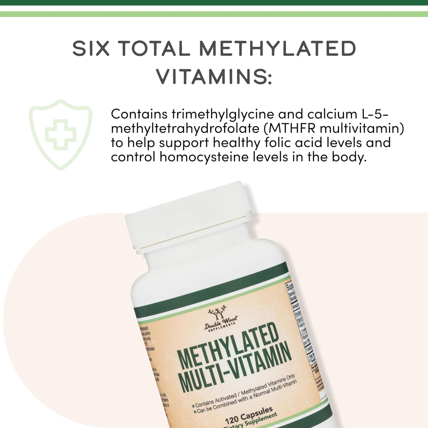 Methylated Multivitamin (Methylated and Activated Vitamins Only - Methylated B Complex with Trimethylglycine (TMG) and Methylfolate)(Non-GMO, Gluten Free MTHFR Supplement) 120 Capsules by Double Wood