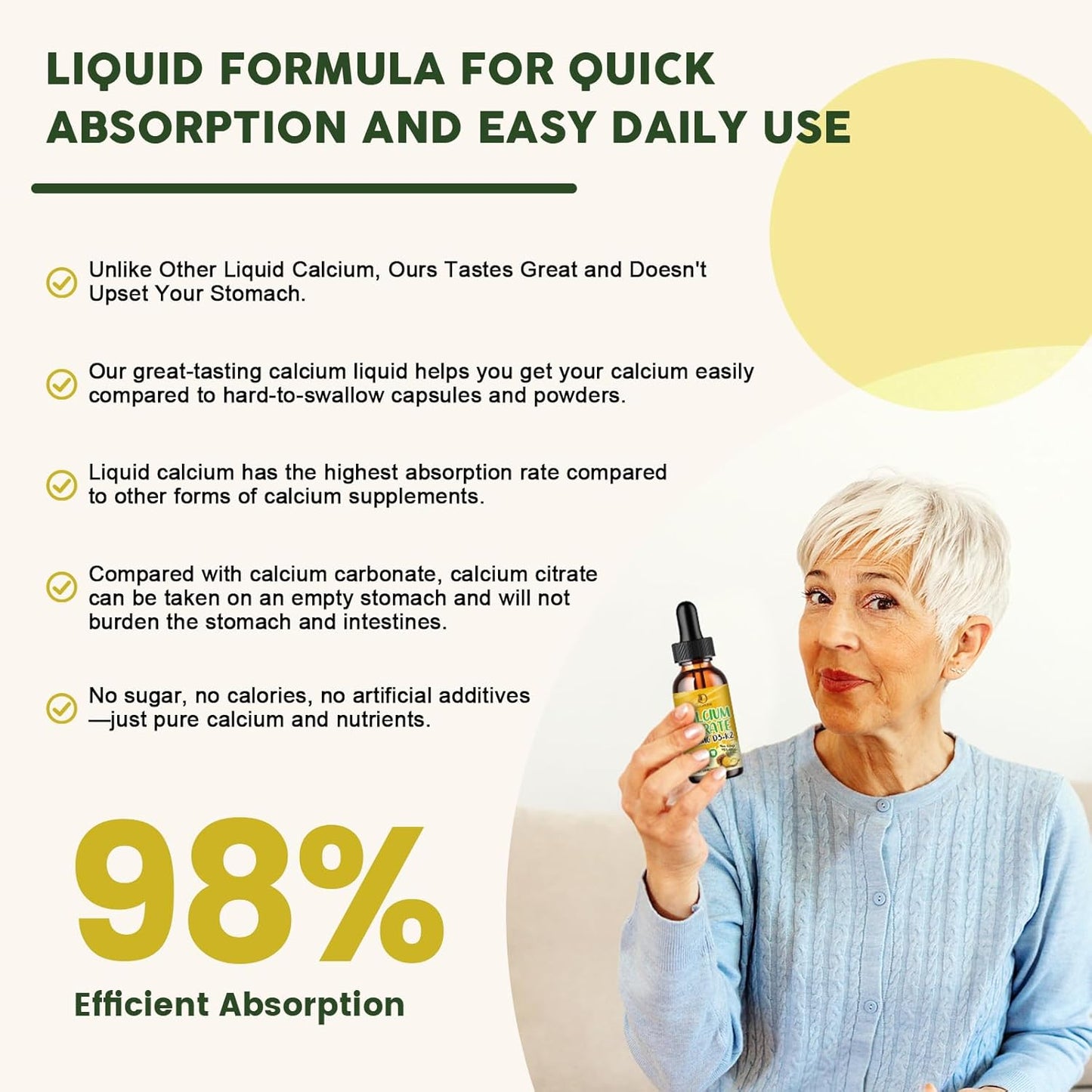 Calcium Citrate 1200 mg with Vitamin D3 Liquid Drops for Women & Men, Calcium Citrate with Vitamin D3 & K2 for Bone Muscle & Teeth- 2 Fl oz- 30 Day Vegan Supply