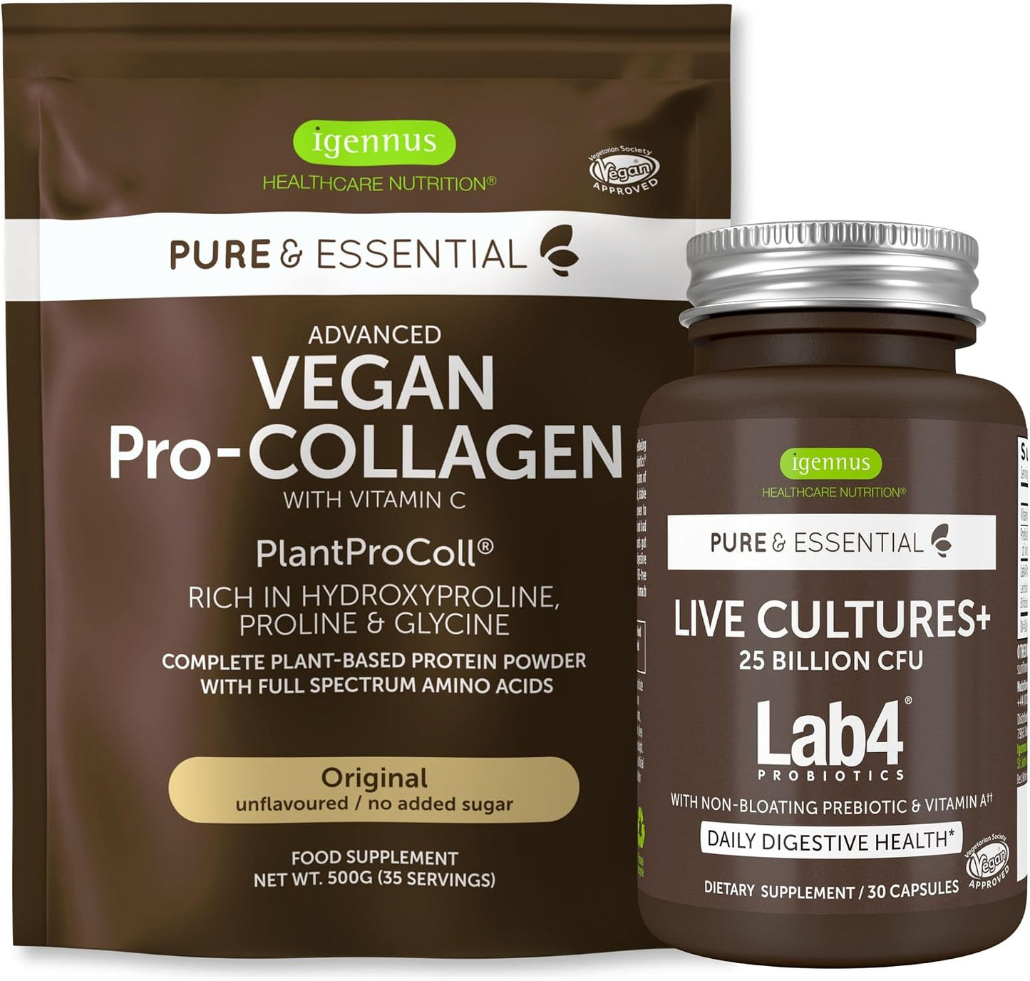 Pure & Essential Vegan Collagen Peptide Protein Powder + Live Cultures+ Lab4 Probiotics Vegan Bundle, Collagen Boosting Formula + 25 Billion CFU Lactobacillus Acidophilus & Bifidobacterium, by Igennus