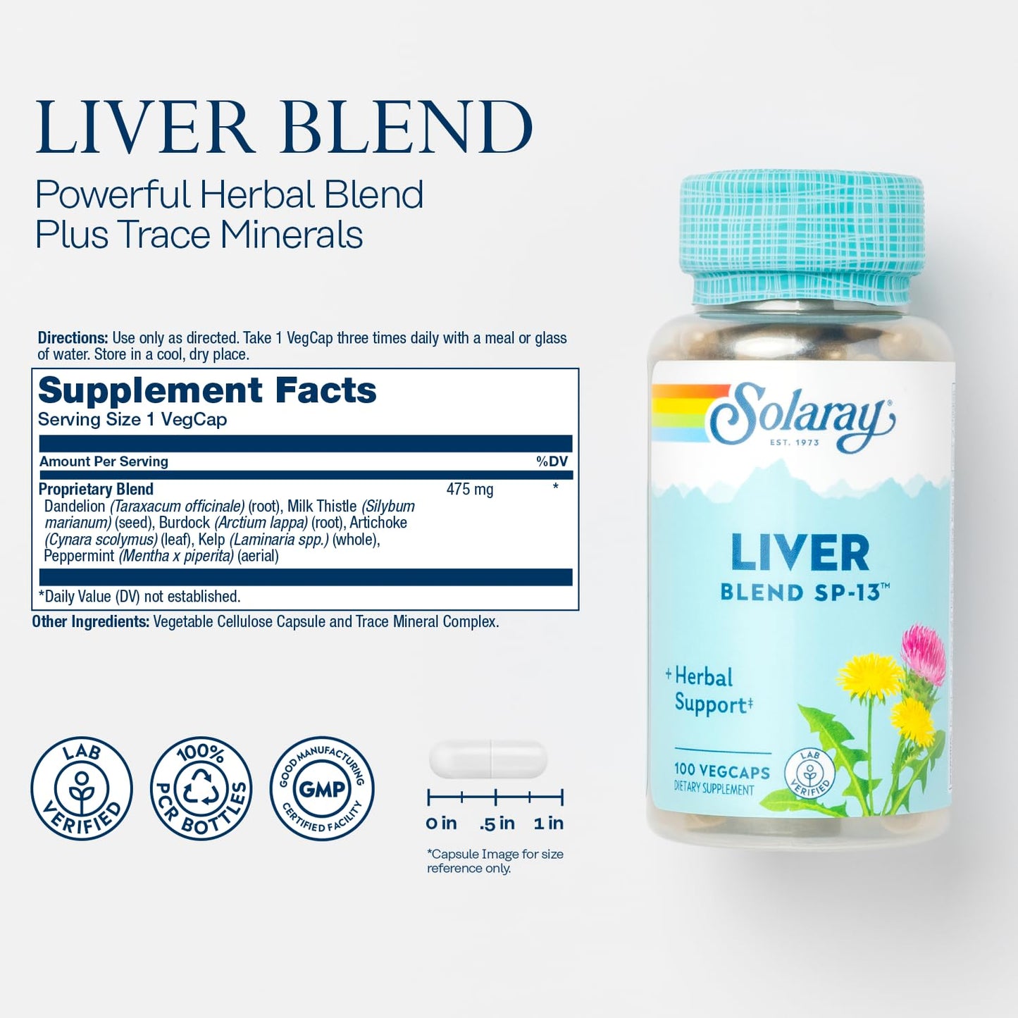 SOLARAY Liver Blend SP-13 - Traditional Herbal Support with Milk Thistle Extract, Dandelion Root, Burdock, Kelp, Peppermint and Trace Minerals - 60-Day Guarantee, 100 Servings, 100 VegCaps