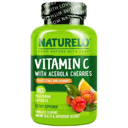 NATURELO Vitamin C with Organic Acerola Cherry Extract and Citrus Bioflavonoids - Vegan Supplement - Immune Support - 500 mg VIT C per Cap - Non-GMO - 90 Capsules