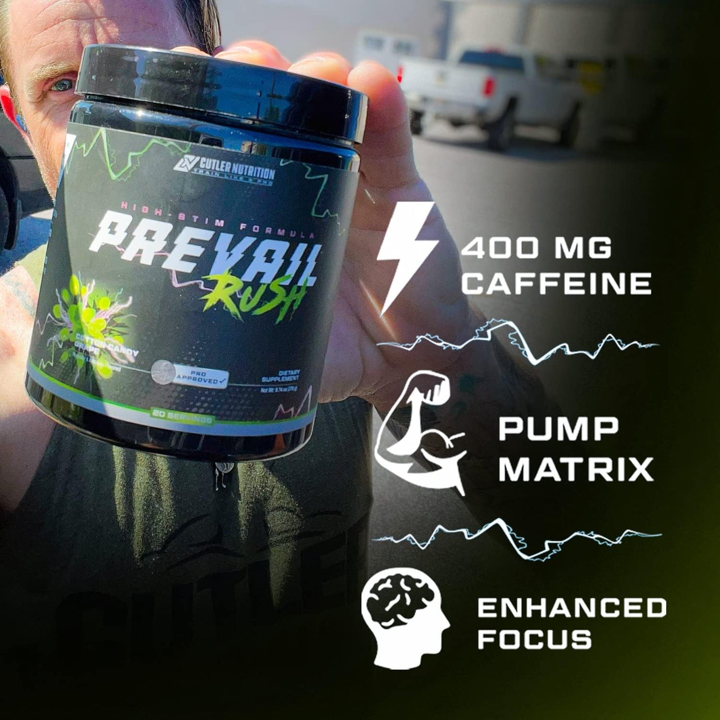 Cutler Nutrition Prevail Rush High-Stim Pre-Workout Powder, 20 Servings | Cotton Candy Grape, 20 Servings | With Caffeine, Dynamine, NO3-T Betaine and Nootropics for Energy, Focus and Muscle Pumps