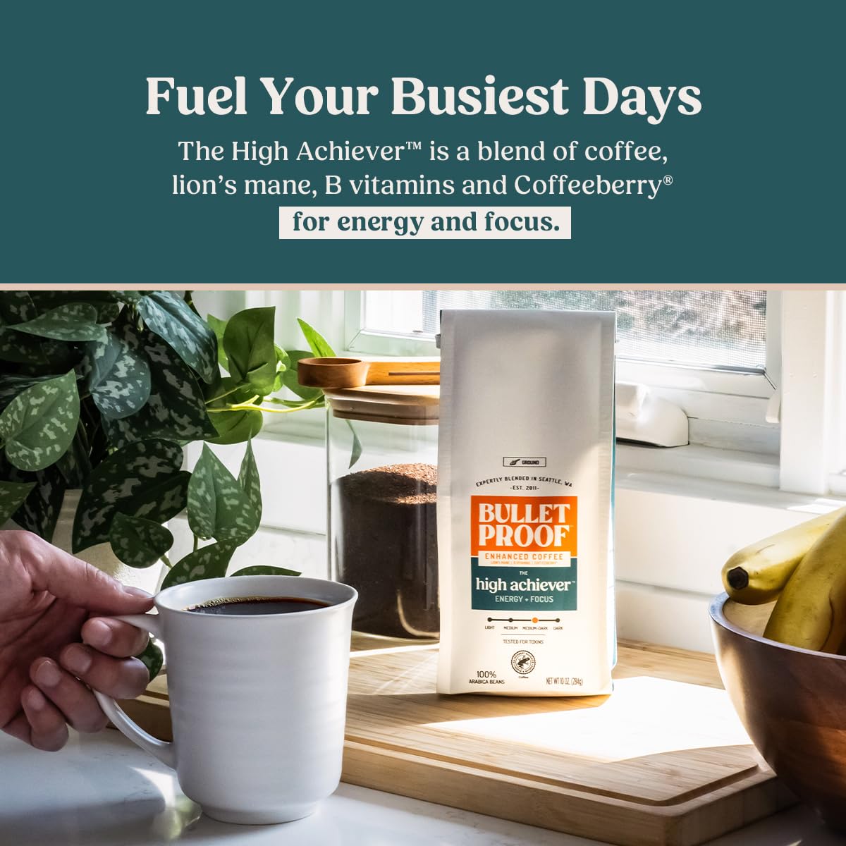 Bulletproof The High Achiever Ground Mushroom Coffee, 10oz (Pack of 3), High Caffeine with Lion's Mane, B Vitamins and Adaptogens for Energy & Focus, Medium-Dark Roast and Bulletproof Original Creamer